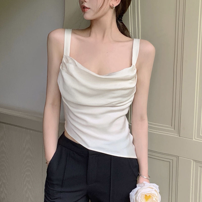 French Style Draped Cowl Neck Sleeveless Tank Top – Asymmetrical Hem Slim Fit Vest (S-XL)