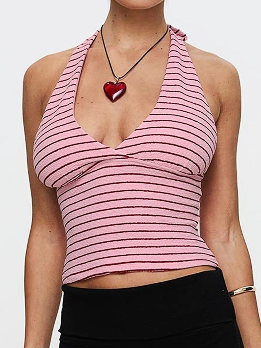 Pink & Red Striped Halter Neck Crop Top – Sexy Y2K Retro Slim Fit Camisole (Sizes S–XL)