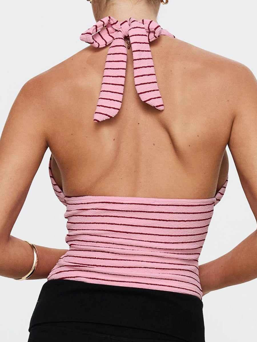 Pink & Red Striped Halter Neck Crop Top – Sexy Y2K Retro Slim Fit Camisole (Sizes S–XL)