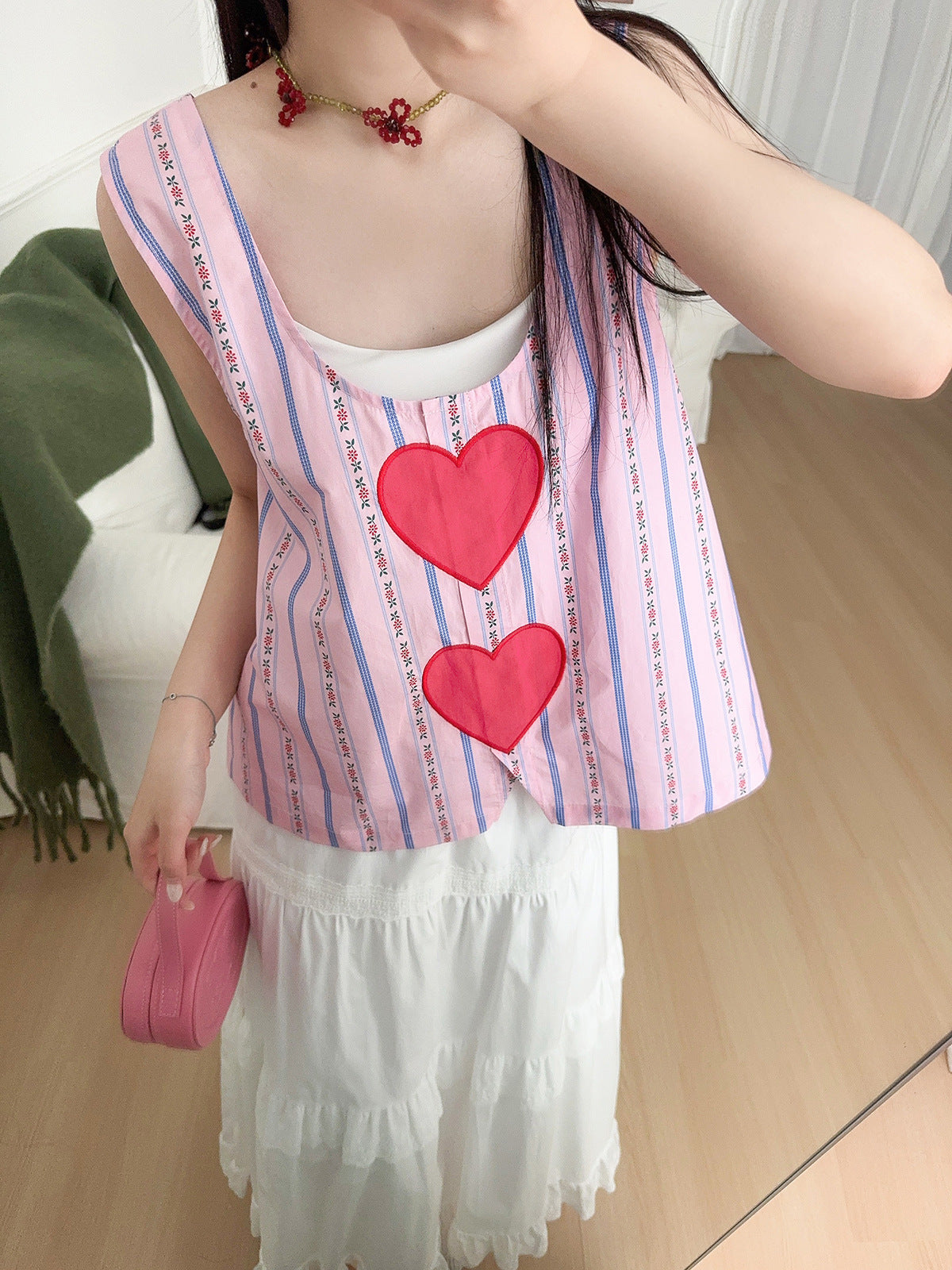 Pink Striped Tank Top with Double Heart Print – Y2K Loose Fit Camisole (Sizes S–XL)