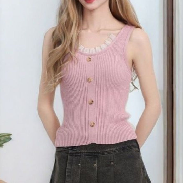 Sweet Princess Style Ribbed Knit Camisole with Buttons and Ruffle Trim (S–XL)