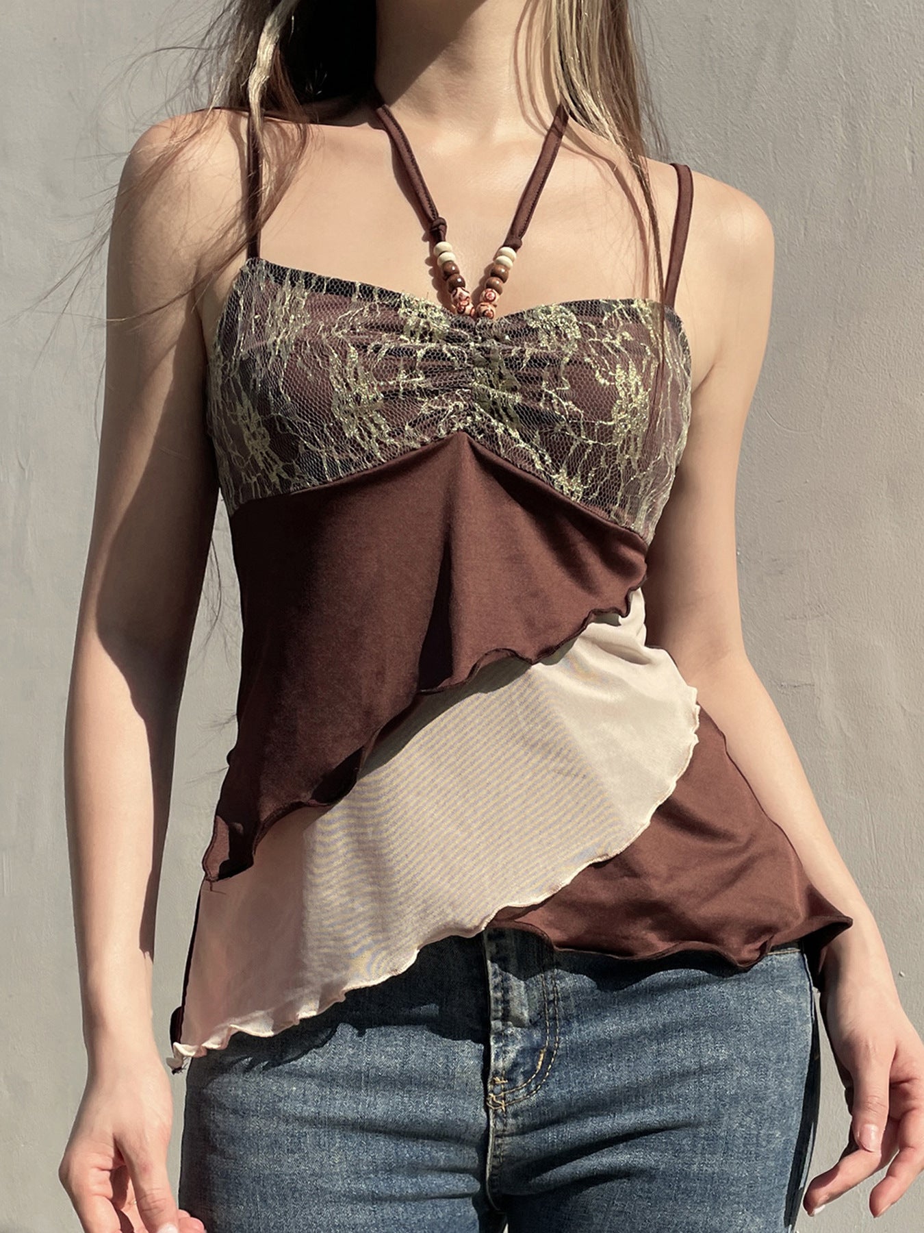 Beaded Lace Patchwork Halter Crop Top – Y2K Ruched Layered Cami Vest (S-XL)